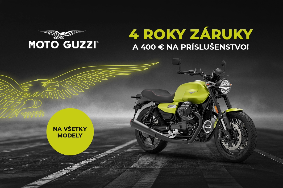 Moto Guzzi. 4 roky záruka a 400 € na príslušenstvo. Na všetky modely.