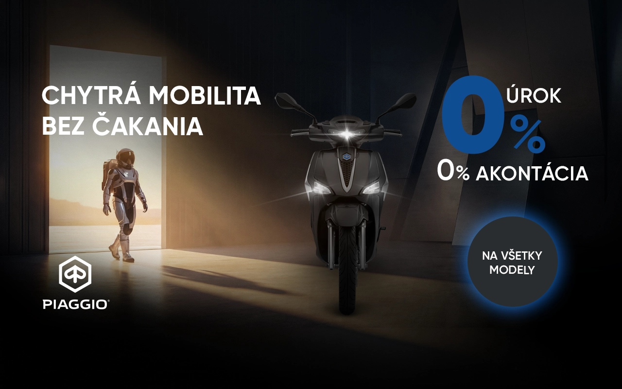 Piaggio, inteligentná mobilita bez čakania. 0 % úrok, 0 % akontácia. Na všetky modely.